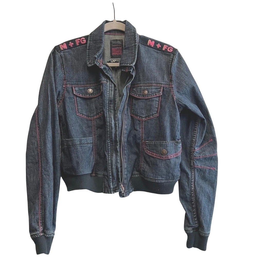 Marithe Francois Girbaud Vintage Denim Bomber Jacket Pink Stitch Women XL